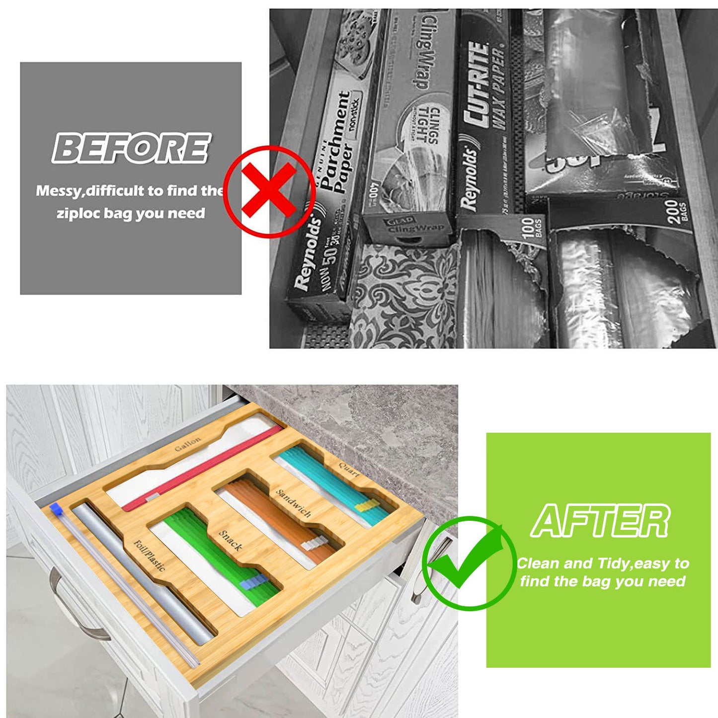 Ziplock Bag Organizer for Drawer; Bamboo Baggie Organizer; Plastic Wrap Dispenser with Cutter; Storage Bag Organizer Suitable Gallon; Quart; Sandwich&Snack Bag; Aluminum Foil; Fit 12\" Kitchen Rolls