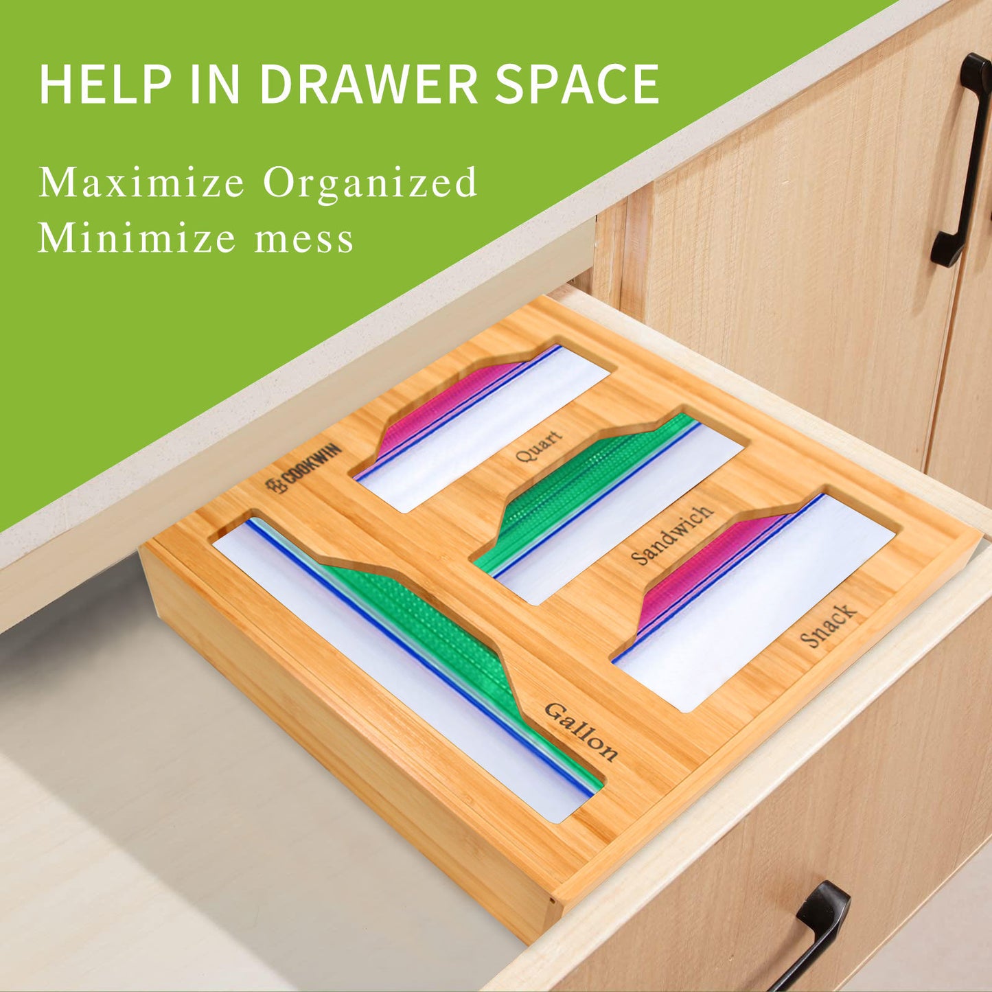 Ziplock Bag Organizer for Drawer; Bamboo Baggie Organizer; Plastic Wrap Dispenser with Cutter; Storage Bag Organizer Suitable Gallon; Quart; Sandwich&Snack Bag; Aluminum Foil; Fit 12\" Kitchen Rolls