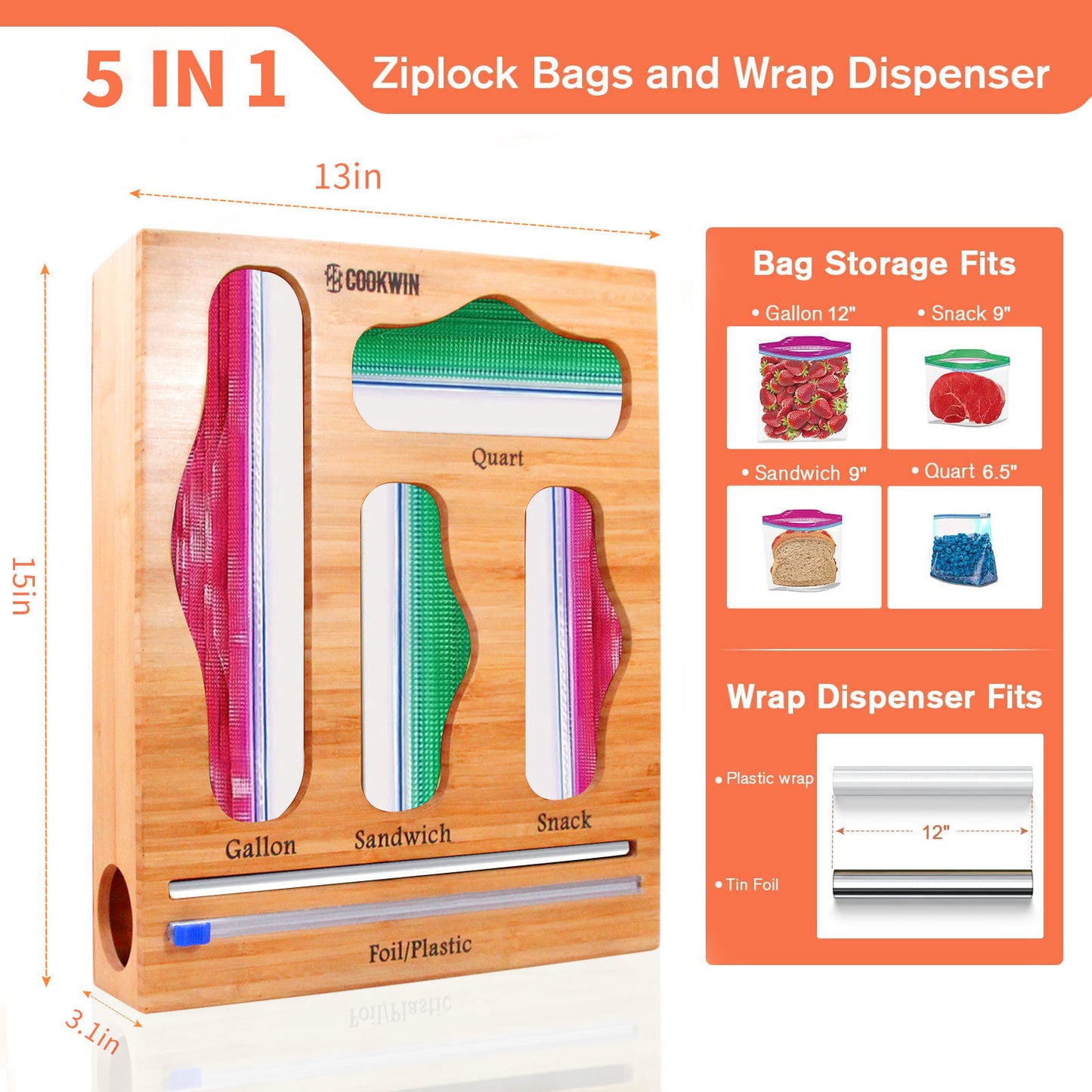 Ziplock Bag Organizer for Drawer; Bamboo Baggie Organizer; Plastic Wrap Dispenser with Cutter; Storage Bag Organizer Suitable Gallon; Quart; Sandwich&Snack Bag; Aluminum Foil; Fit 12\" Kitchen Rolls