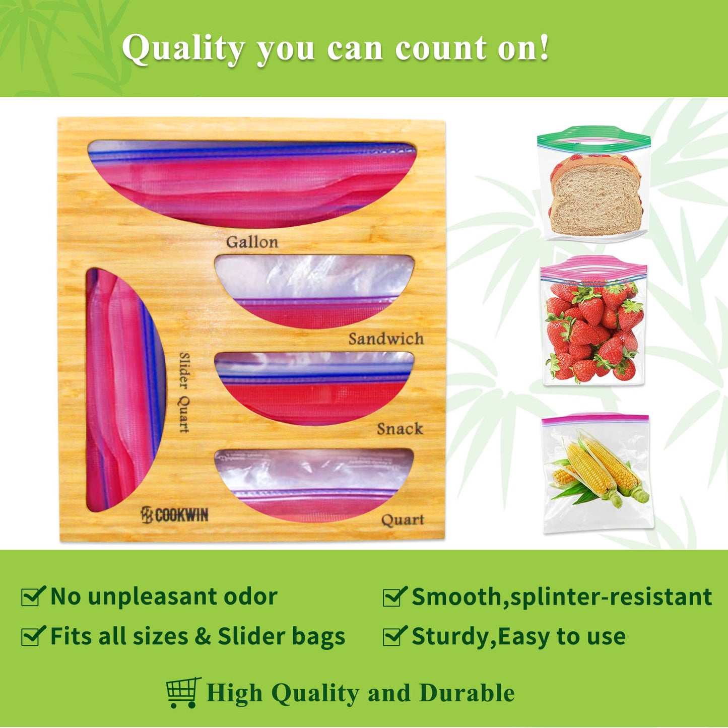Ziplock Bag Organizer for Drawer; Bamboo Baggie Organizer; Plastic Wrap Dispenser with Cutter; Storage Bag Organizer Suitable Gallon; Quart; Sandwich&Snack Bag; Aluminum Foil; Fit 12\" Kitchen Rolls