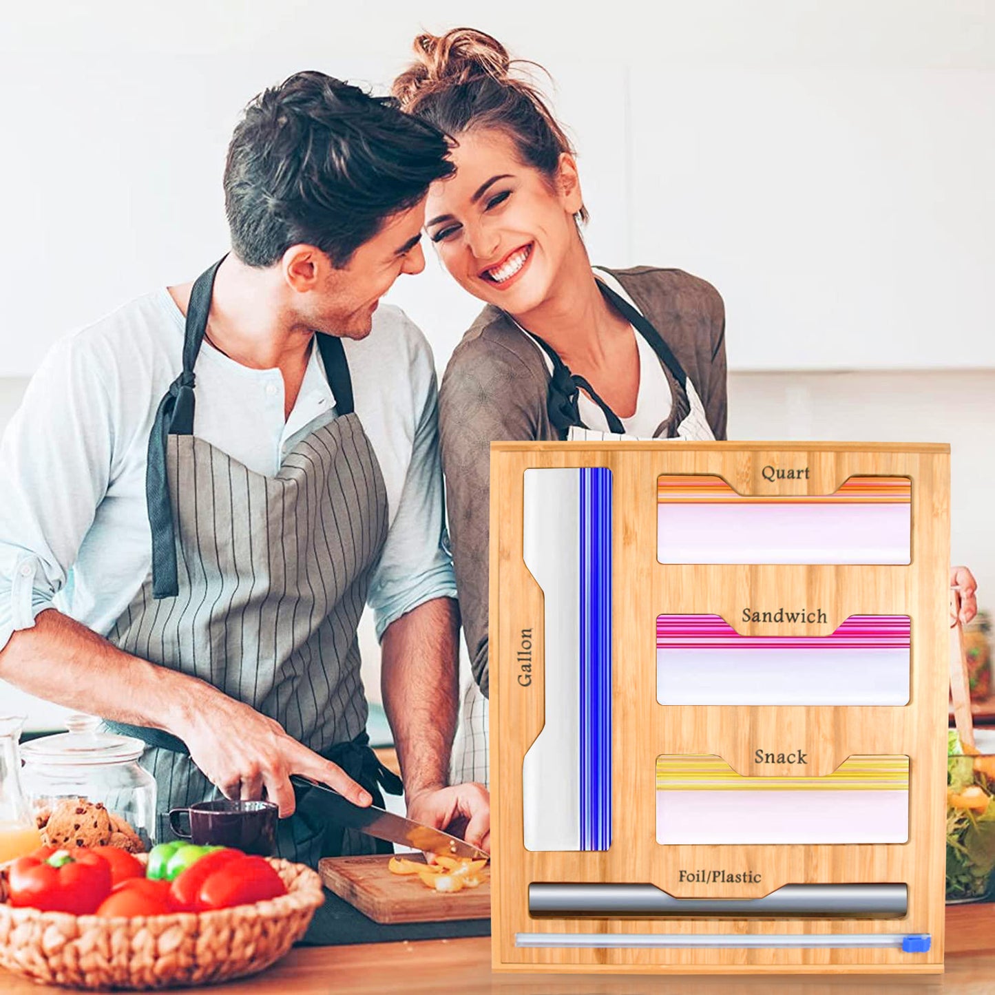 Ziplock Bag Organizer for Drawer; Bamboo Baggie Organizer; Plastic Wrap Dispenser with Cutter; Storage Bag Organizer Suitable Gallon; Quart; Sandwich&Snack Bag; Aluminum Foil; Fit 12\" Kitchen Rolls