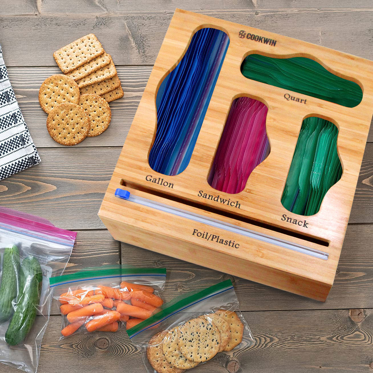 Ziplock Bag Organizer for Drawer; Bamboo Baggie Organizer; Plastic Wrap Dispenser with Cutter; Storage Bag Organizer Suitable Gallon; Quart; Sandwich&Snack Bag; Aluminum Foil; Fit 12\" Kitchen Rolls