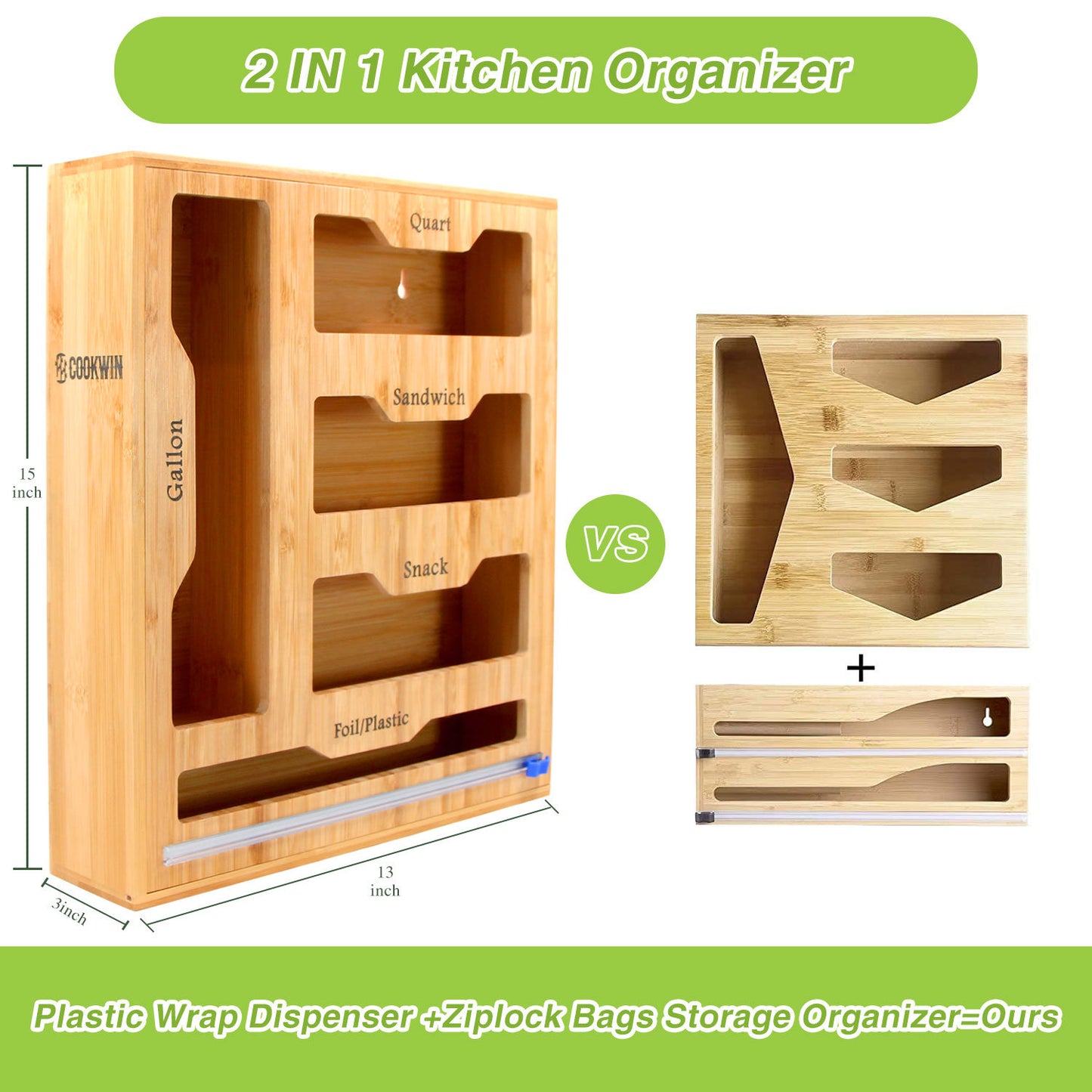 Ziplock Bag Organizer for Drawer; Bamboo Baggie Organizer; Plastic Wrap Dispenser with Cutter; Storage Bag Organizer Suitable Gallon; Quart; Sandwich&Snack Bag; Aluminum Foil; Fit 12\" Kitchen Rolls