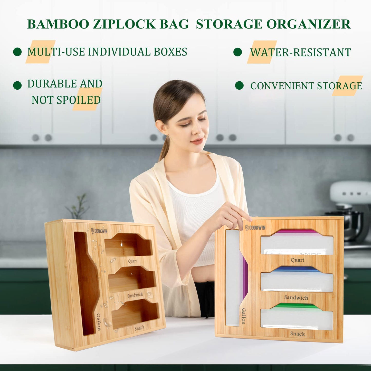 Ziplock Bag Organizer for Drawer; Bamboo Baggie Organizer; Plastic Wrap Dispenser with Cutter; Storage Bag Organizer Suitable Gallon; Quart; Sandwich&Snack Bag; Aluminum Foil; Fit 12\" Kitchen Rolls