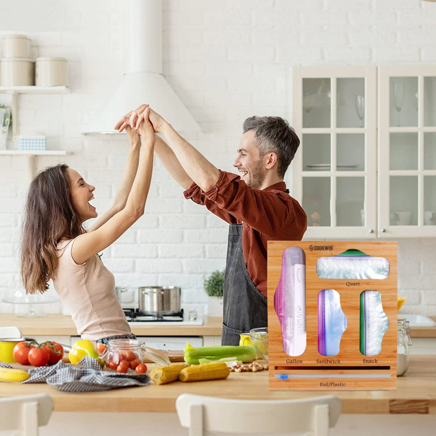 Ziplock Bag Organizer for Drawer; Bamboo Baggie Organizer; Plastic Wrap Dispenser with Cutter; Storage Bag Organizer Suitable Gallon; Quart; Sandwich&Snack Bag; Aluminum Foil; Fit 12\" Kitchen Rolls