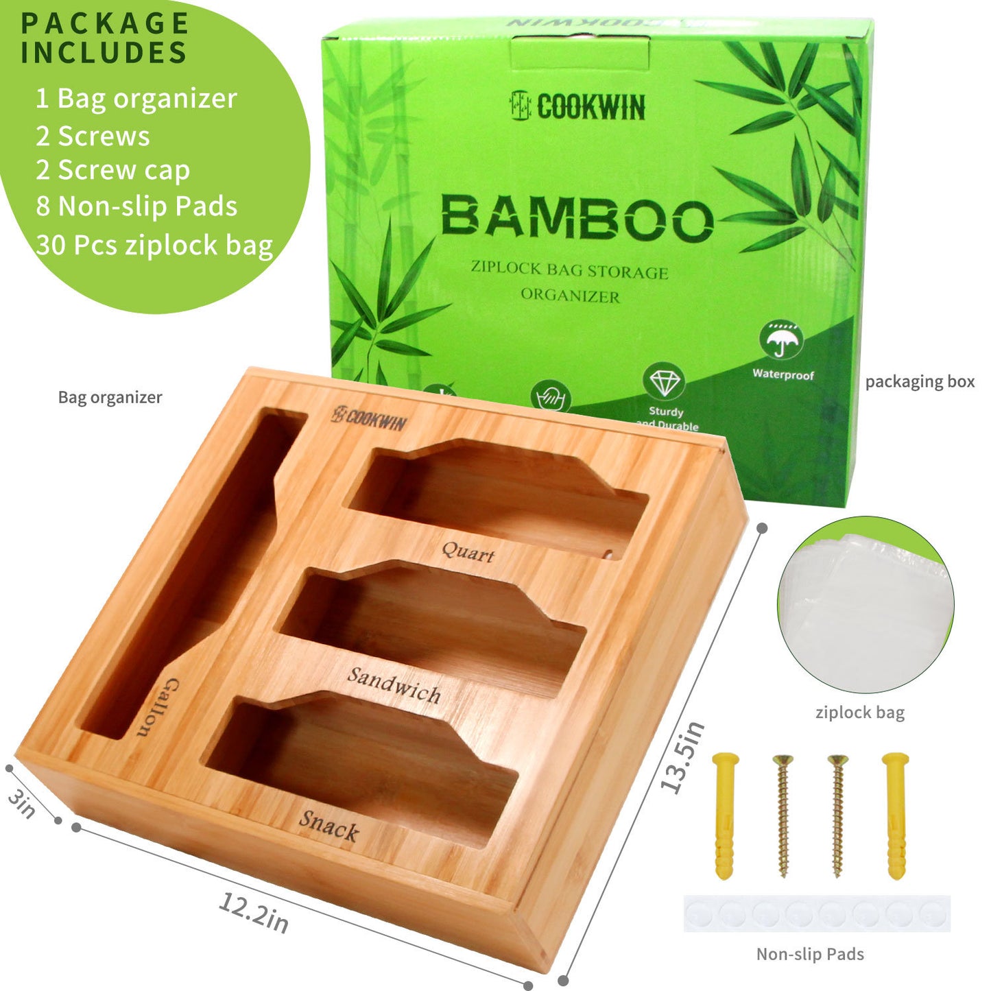 Ziplock Bag Organizer for Drawer; Bamboo Baggie Organizer; Plastic Wrap Dispenser with Cutter; Storage Bag Organizer Suitable Gallon; Quart; Sandwich&Snack Bag; Aluminum Foil; Fit 12\" Kitchen Rolls