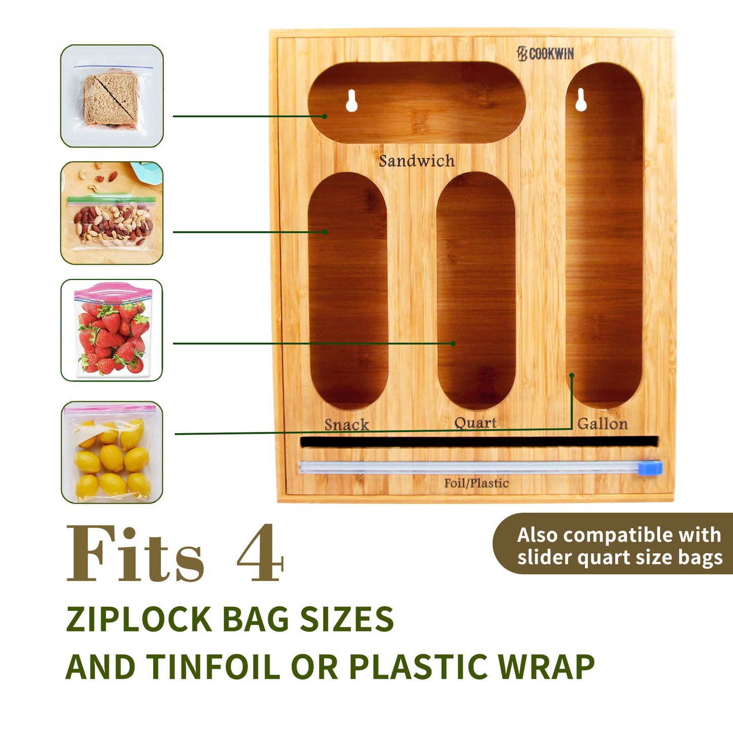 Ziplock Bag Organizer for Drawer; Bamboo Baggie Organizer; Plastic Wrap Dispenser with Cutter; Storage Bag Organizer Suitable Gallon; Quart; Sandwich&Snack Bag; Aluminum Foil; Fit 12\" Kitchen Rolls