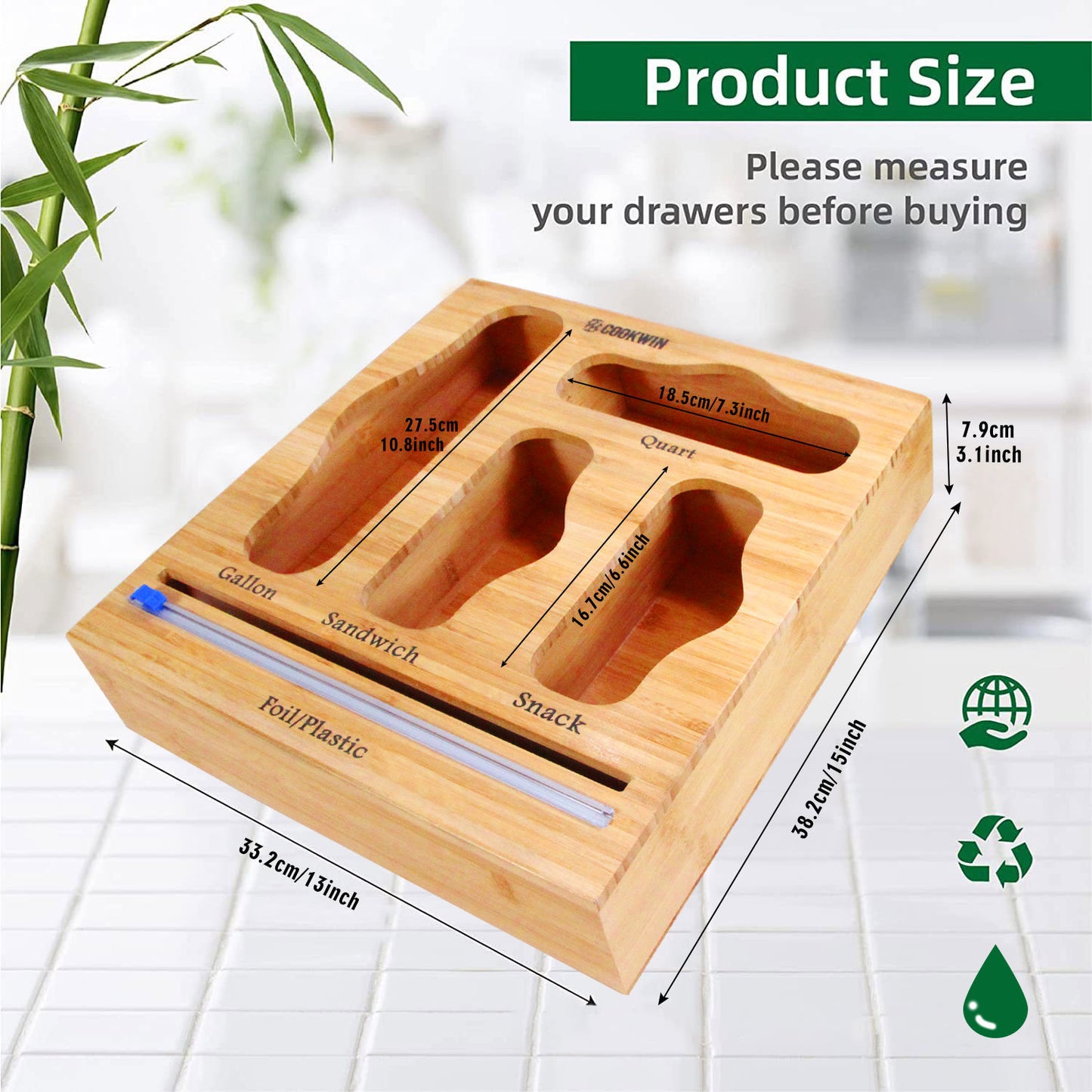 Ziplock Bag Organizer for Drawer; Bamboo Baggie Organizer; Plastic Wrap Dispenser with Cutter; Storage Bag Organizer Suitable Gallon; Quart; Sandwich&Snack Bag; Aluminum Foil; Fit 12\" Kitchen Rolls