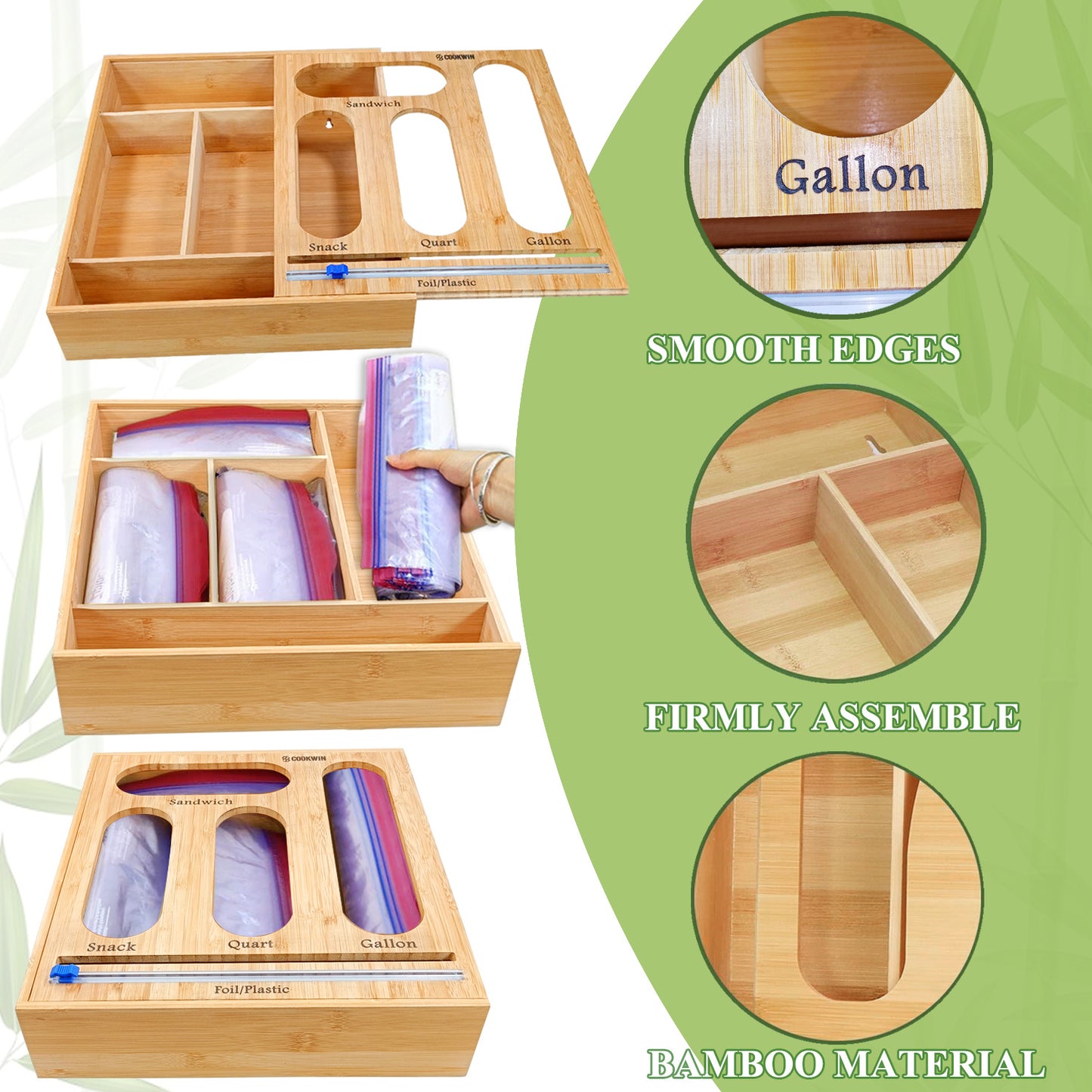 Ziplock Bag Organizer for Drawer; Bamboo Baggie Organizer; Plastic Wrap Dispenser with Cutter; Storage Bag Organizer Suitable Gallon; Quart; Sandwich&Snack Bag; Aluminum Foil; Fit 12\" Kitchen Rolls